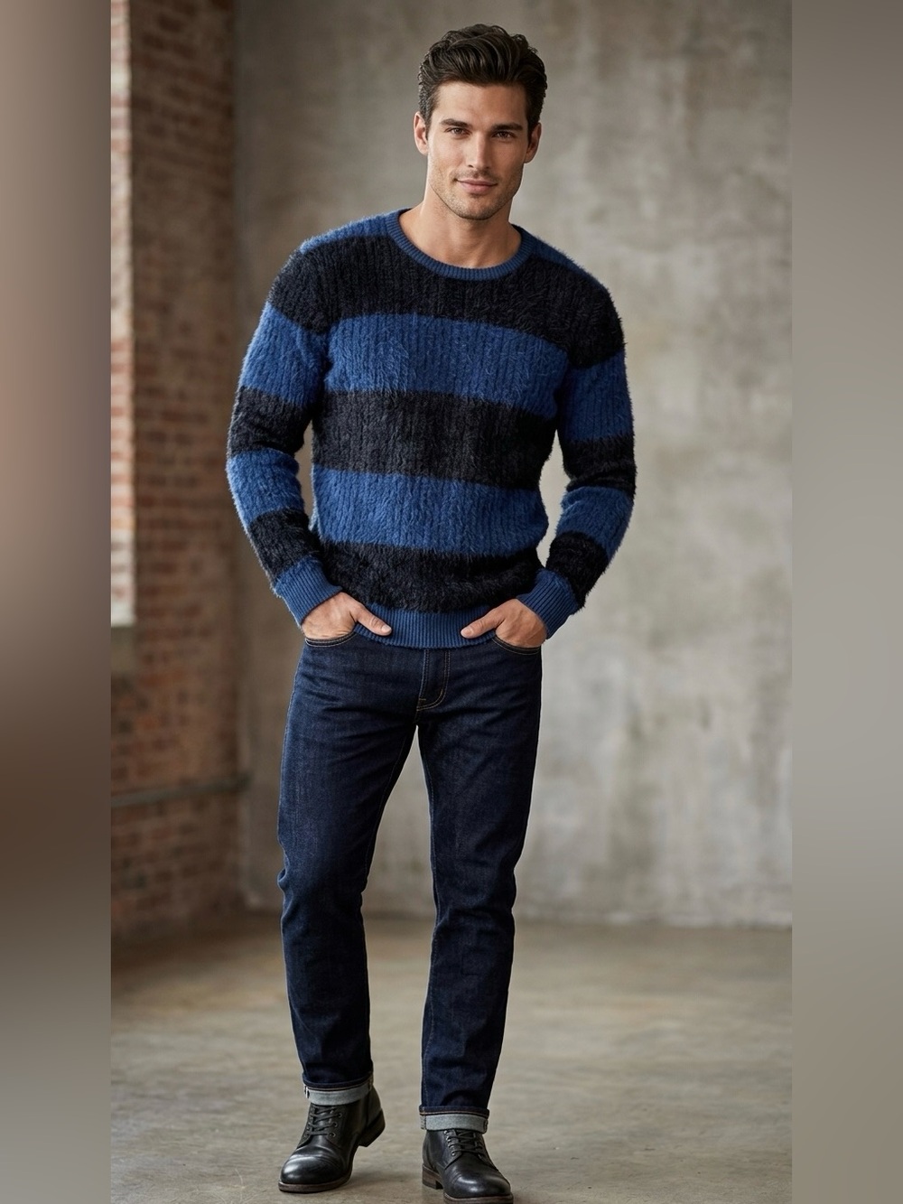 INC International Concepts NWT Fuzzy Striped Crewneck Sweater Blue Black XXL